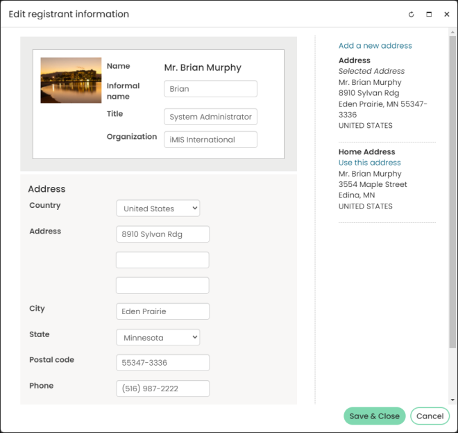 Viewing the Edit registrant information window